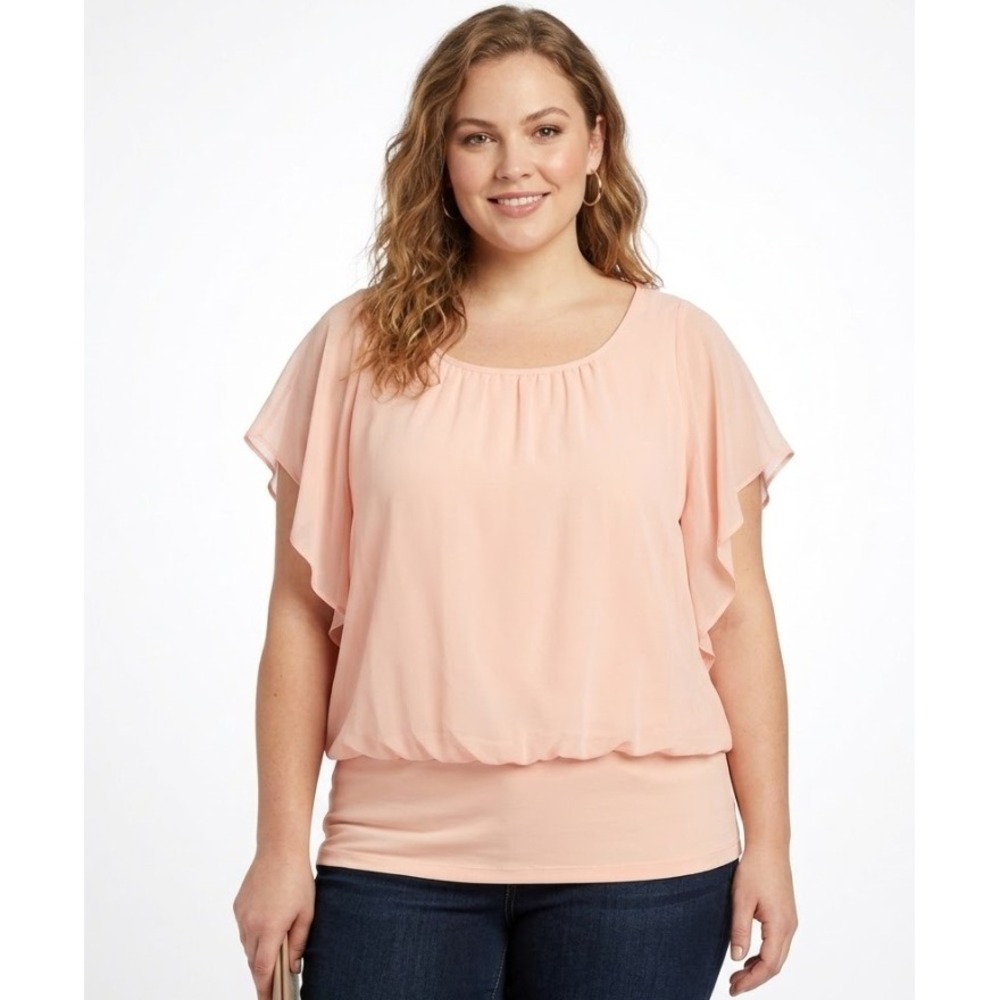 New JM Collection Top‎ size 1X Elastic Bottom Pink Chiffon Overlay Short Sleeve